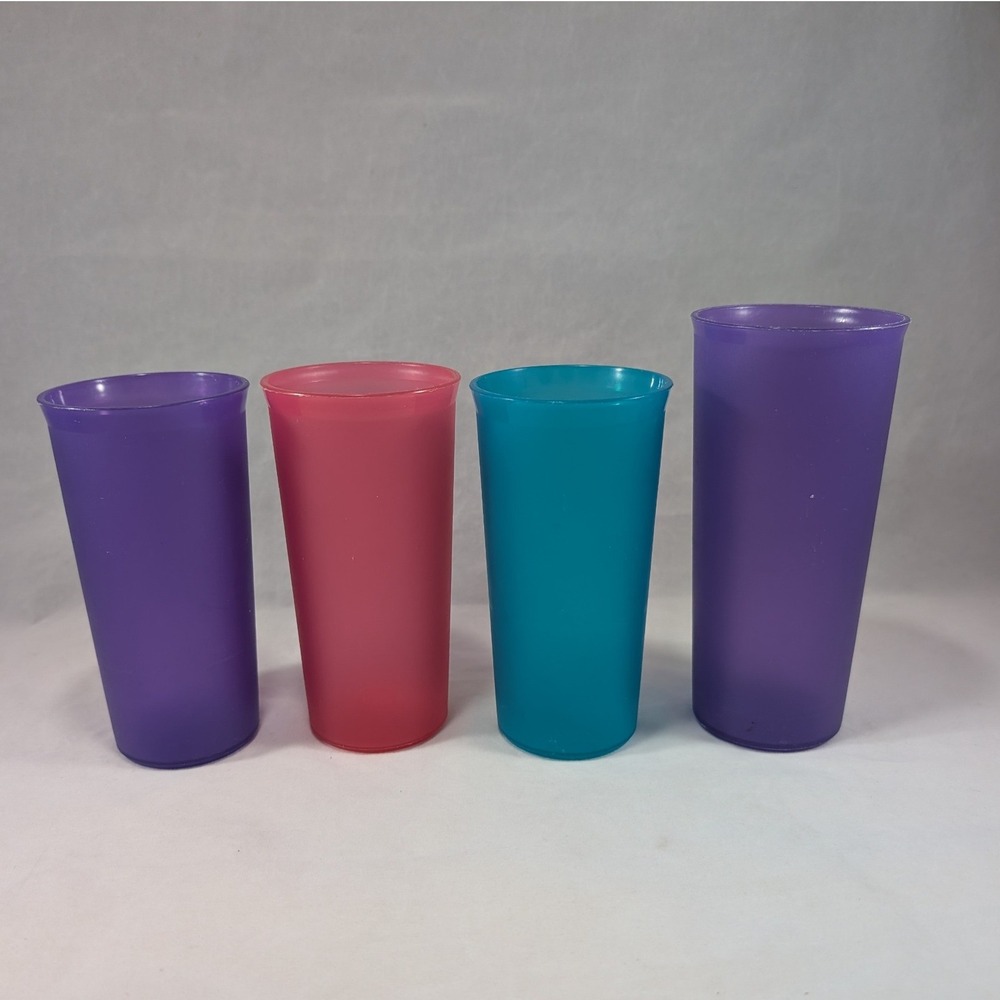 Tupperware Tumblers Set of 4 Jewel Tones Purple Pink Teal 116-18 Made in USA 6in